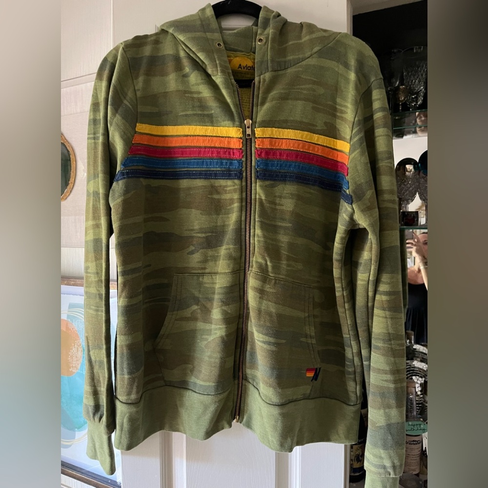 AN Aviator Nation 5 Stripe Camo Hoodie Zip Jacket Large